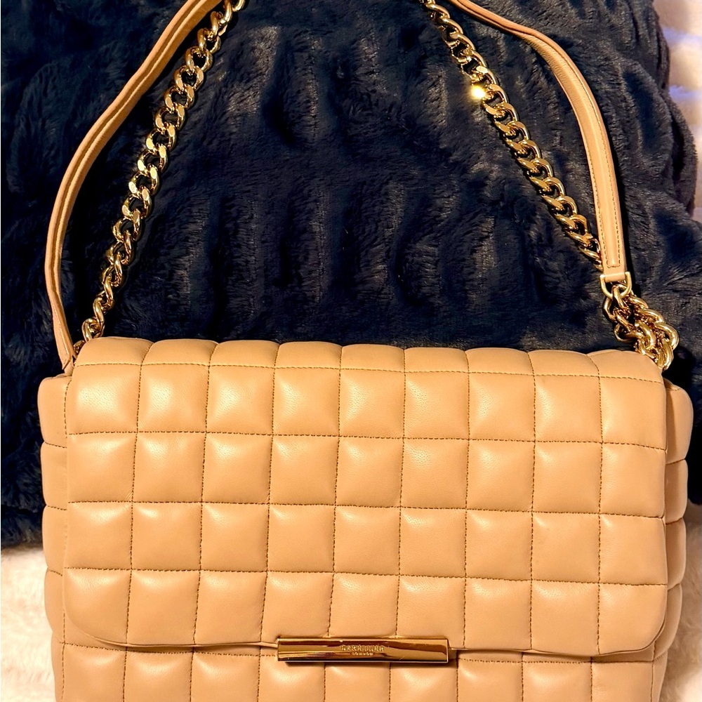 DeMellier Tan Quilted Shoulder Bag with Gold Chain